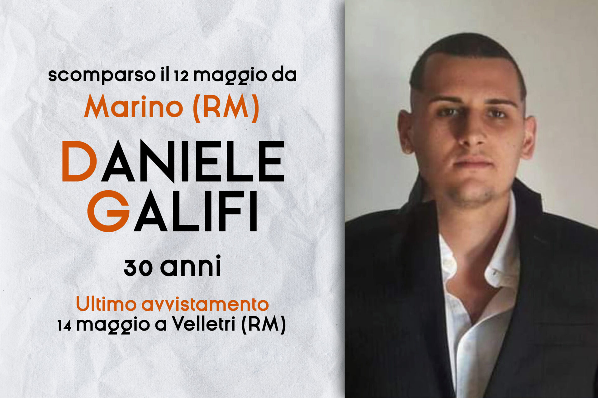Marino | Si cerca Daniele Galifi, ragazzo di 30 anni: l’ultimo avvistamento a Velletri