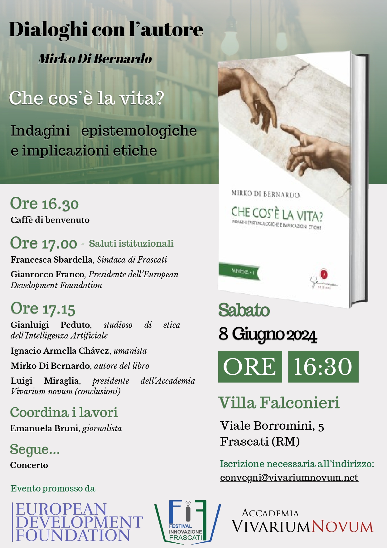 "Che cos’è la vita?": sabato 8 giugno la presentazione del libro di Mirko Di Bernardo a Villa Falconieri