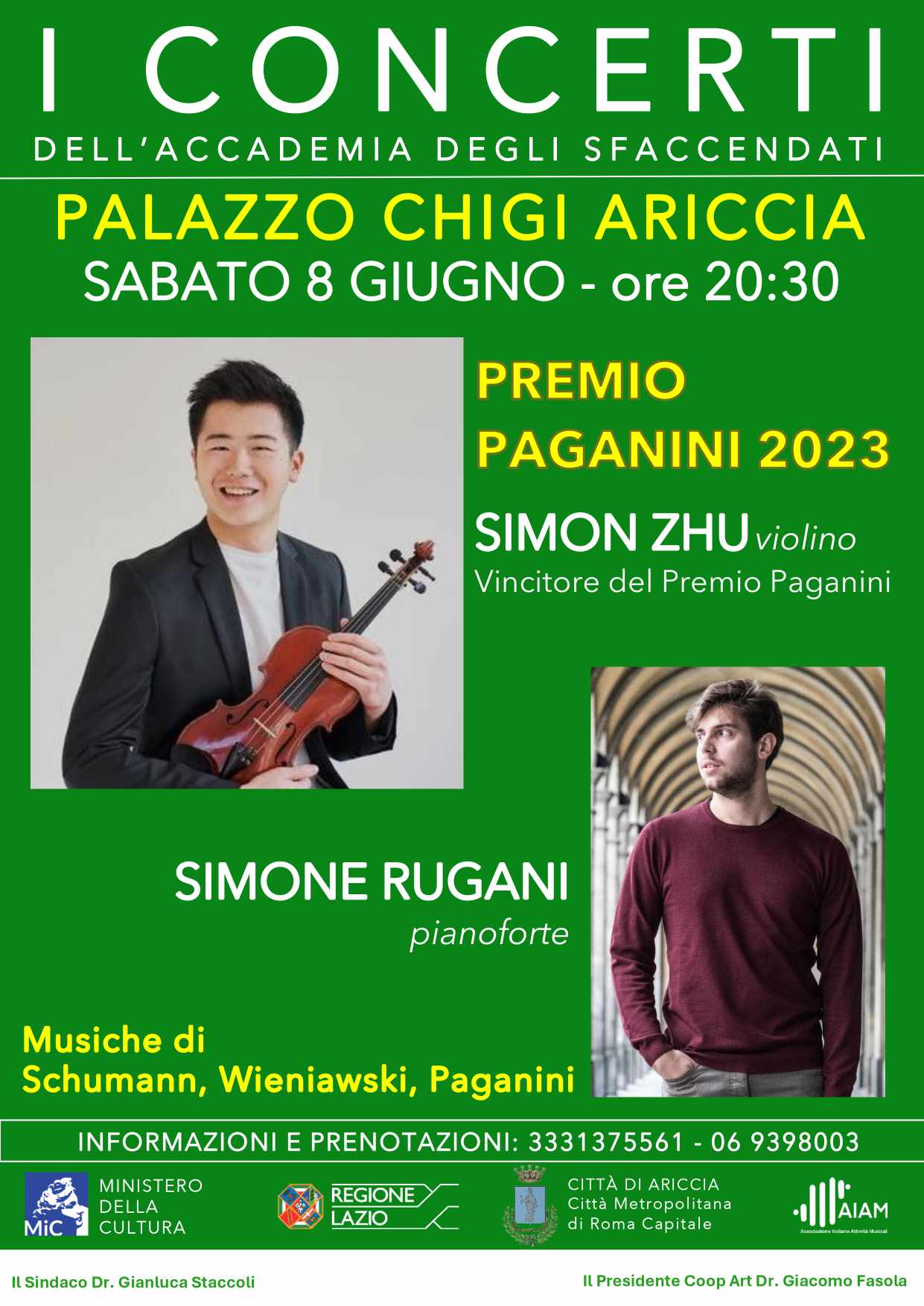 Ariccia. Musica classica a Palazzo Chigi: Simon Zhu e il pianista Simone Rugani in concerto