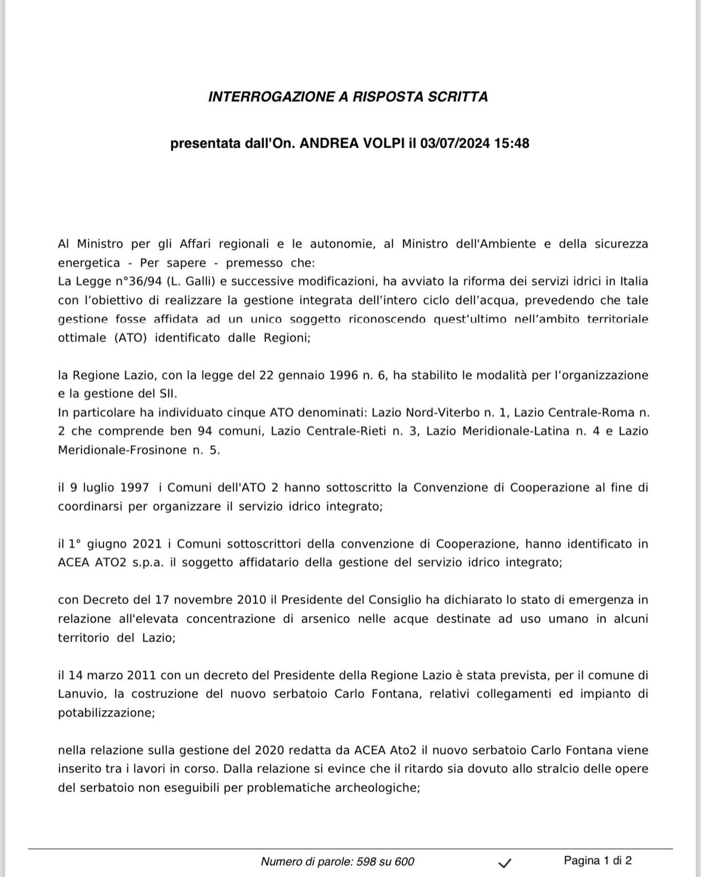 Volpi interroga il Governo sui disservizi idrici a Lanuvio: il testo integrale dell'interrogazione parlamentare