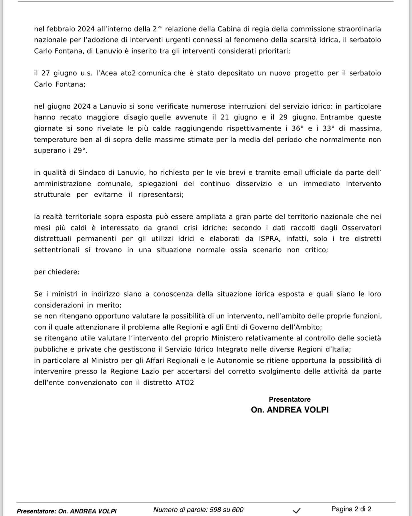 Volpi interroga il Governo sui disservizi idrici a Lanuvio: il testo integrale dell'interrogazione parlamentare