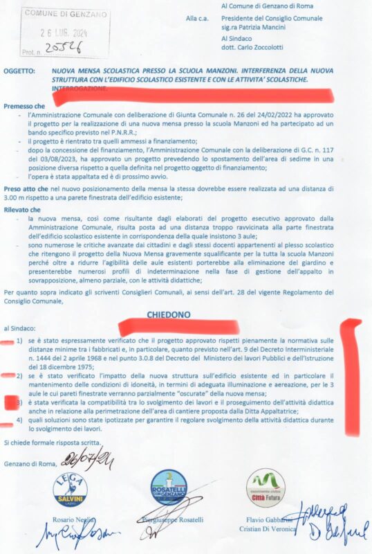 L'interrogazione consiliare sulla mensa della Scuola Manzoni, di Genzano di Roma