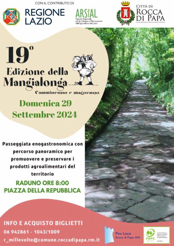 Locandina della 19ª edizione della Mangialonga a Rocca di Papa, con un'immagine di un percorso naturalistico alberato e informazioni sull'evento enogastronomico.