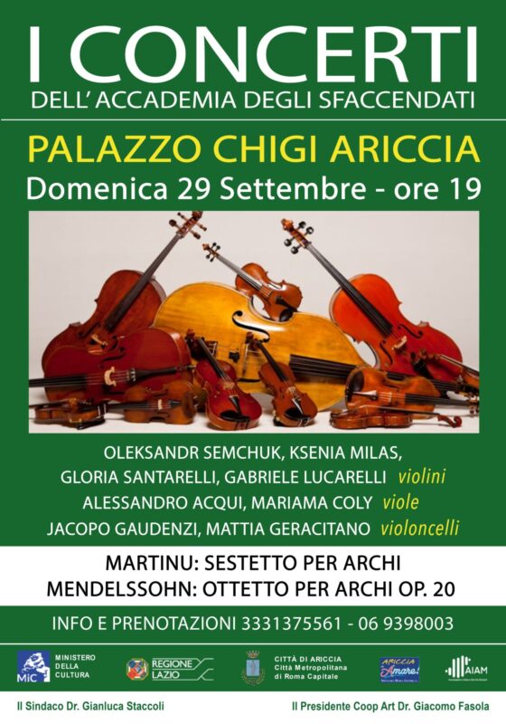 Locandina del concerto del 29 settembre 2024 a Palazzo Chigi di Ariccia, con l’esecuzione dell’Ottetto per archi Op. 20 di Mendelssohn e del Sestetto per archi di Čajkovskij, nell’ambito della rassegna "I Concerti dell’Accademia degli Sfaccendati".

