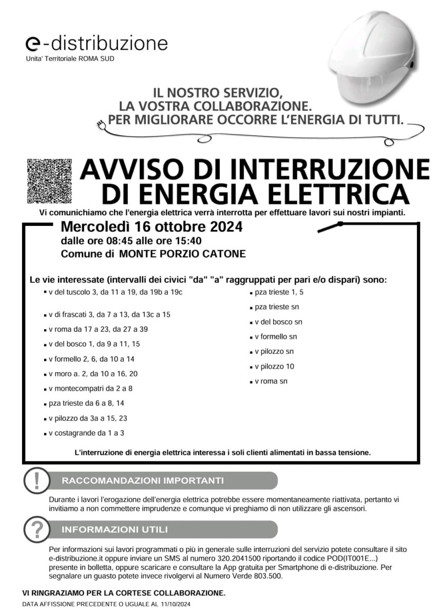 Locandina con le informazioni riguardanti l'interruzione di energia elettrica a Monte Porzio Catone.