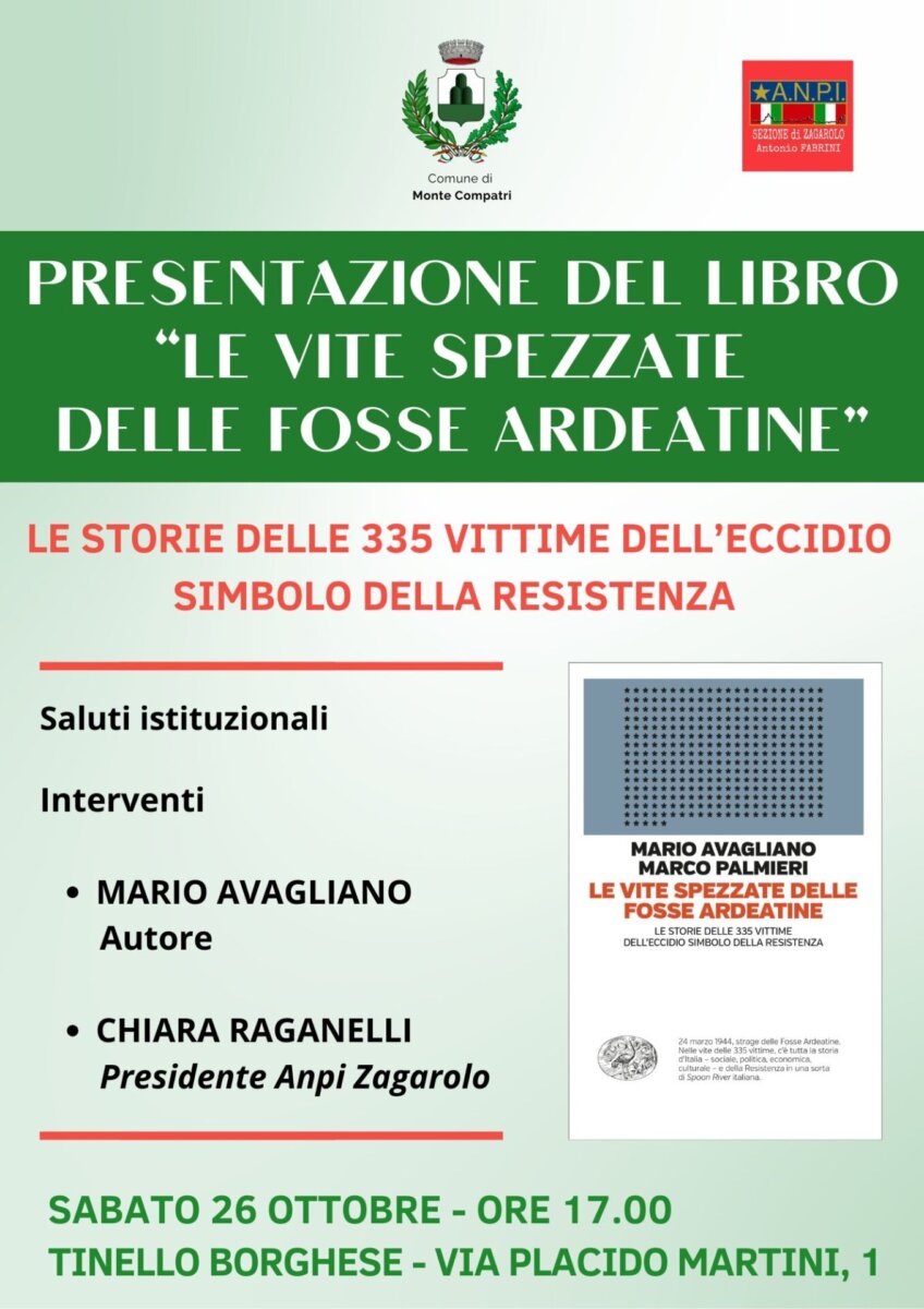 Locandina dell'evento di presentazione del libro "Le vite spezzate delle Fosse Ardeatine" a Monte Compatri