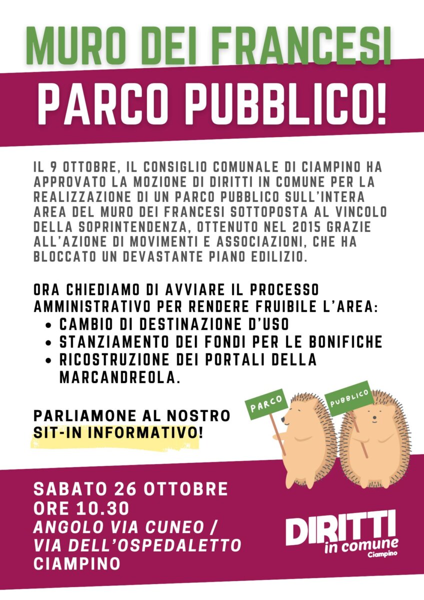 Locandina incontro pubblico di Diritti in Comune riguardante il Parco del Muro dei Francesi, che si terrà a Ciampino