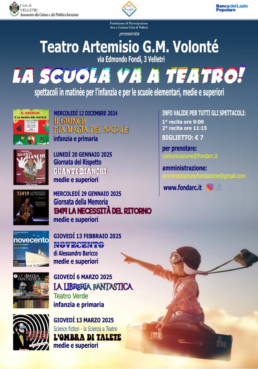 Cartellone "La scuola va a teatro", serie di matinée organizzate da FondArC al Teatro Artemisio-Gian Maria Volonté di Velletri