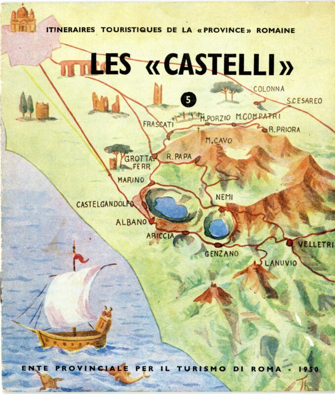 Mappa turistica dei Castelli Romani del 1950 disegnata a mano, raffigurante i principali comuni, i laghi vulcanici e alcuni elementi iconici del territorio, come il veliero nel mare e paesaggi stilizzati.

