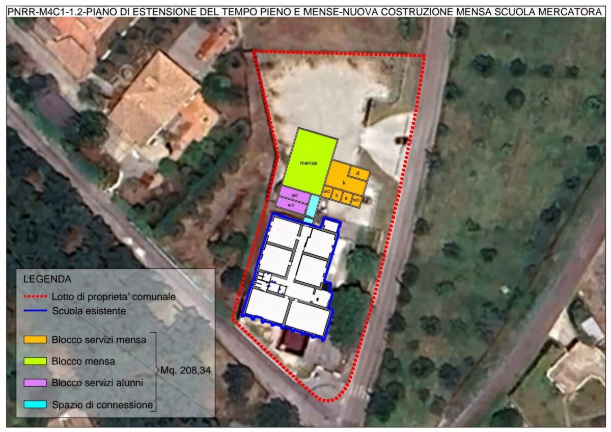 Piante delle scuole Mercatora e Sole Luna a Velletri con evidenziazione delle nuove mense scolastiche in costruzione
