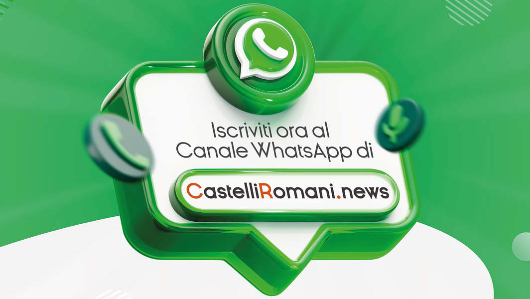 Banner promozionale verde del canale WhatsApp di CastelliRomani.news con icona WhatsApp e testo 