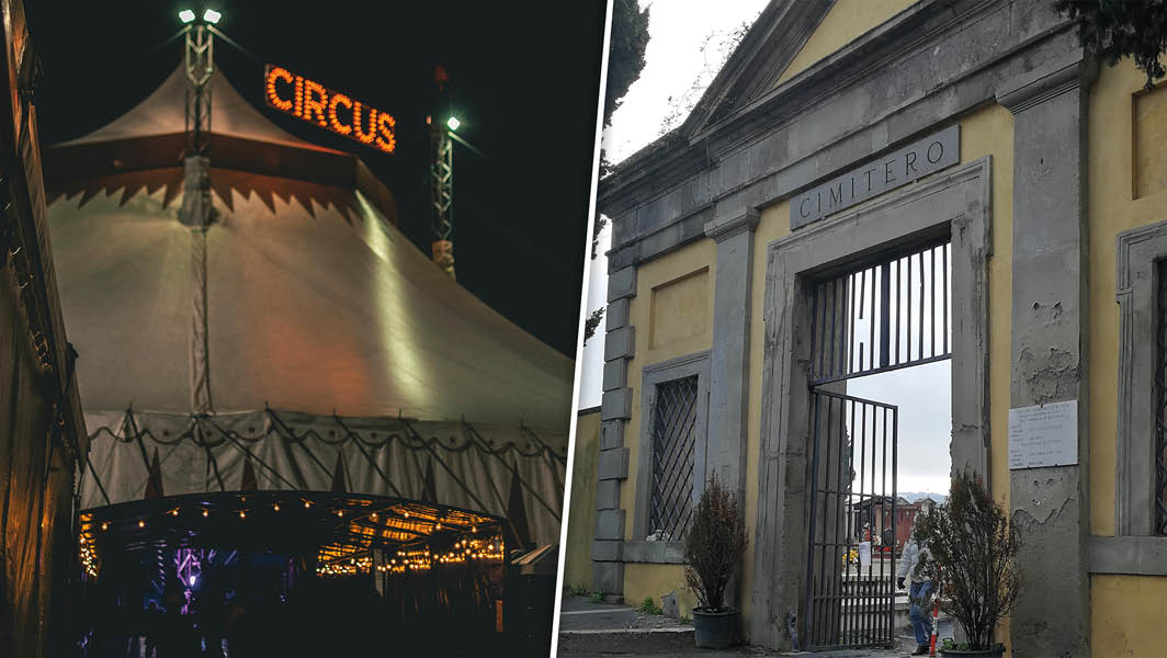 Un tendone da circo illuminato di notte a sinistra e l'ingresso del cimitero di Marino a destra.