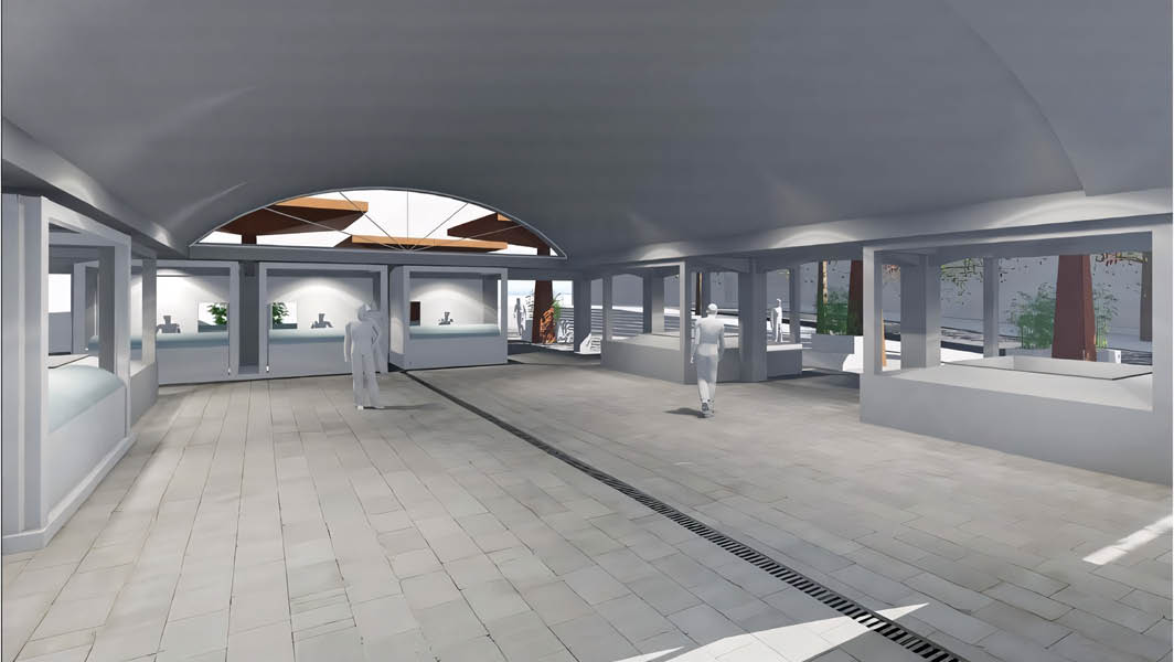 Un rendering dell'interno del mercato coperto di piazza Metabo a Velletri in fase di riqualificazione, con ampie vetrine e illuminazione naturale, progettato con criteri moderni e sostenibili.