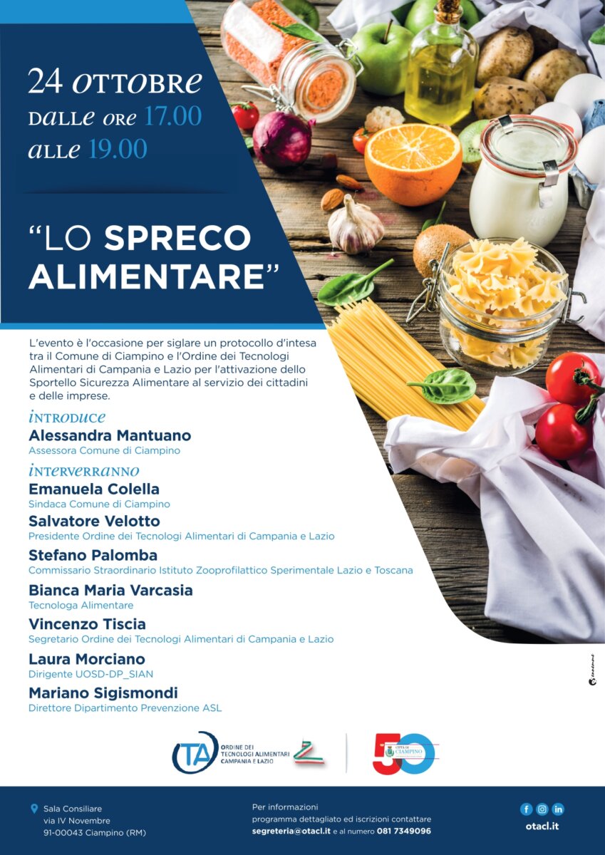 Locandina dell'evento "Lo Spreco Alimentare" organizzato dal Comune di Ciampino e dall'Ordine dei Tecnologi Alimentari di Campania e Lazio