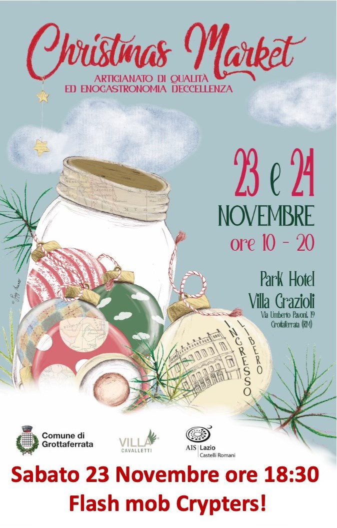 Manifesto promozionale per il "Christmas Market" a Grottaferrata, con illustrazioni di decorazioni natalizie in un barattolo di vetro e dettagli sull'evento. Il testo include date, orari e informazioni sulla location.