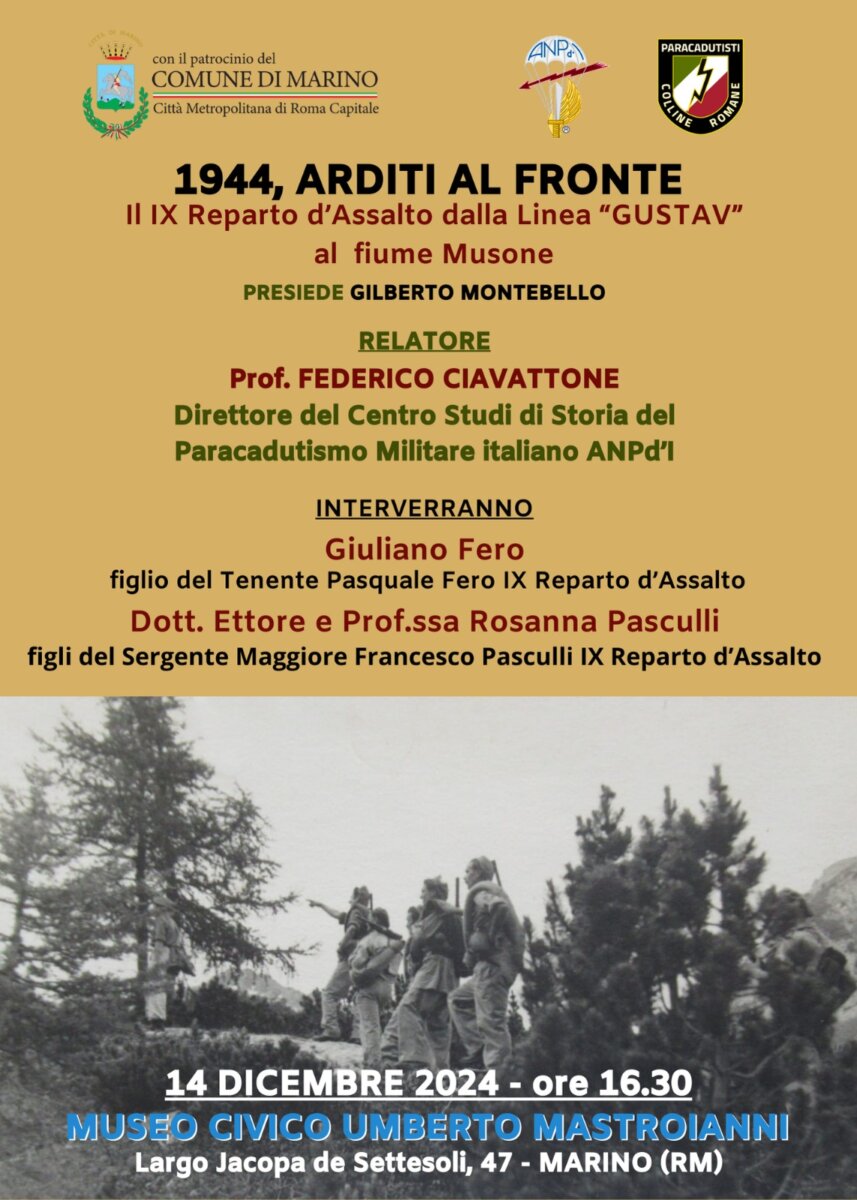 Locandina dell'evento storico a Marino intitolato '1944, Arditi al Fronte: il IX Reparto d’Assalto dalla Linea Gustav al fiume Musone', con foto storica di soldati in azione, loghi degli organizzatori e dettagli dell'incontro.