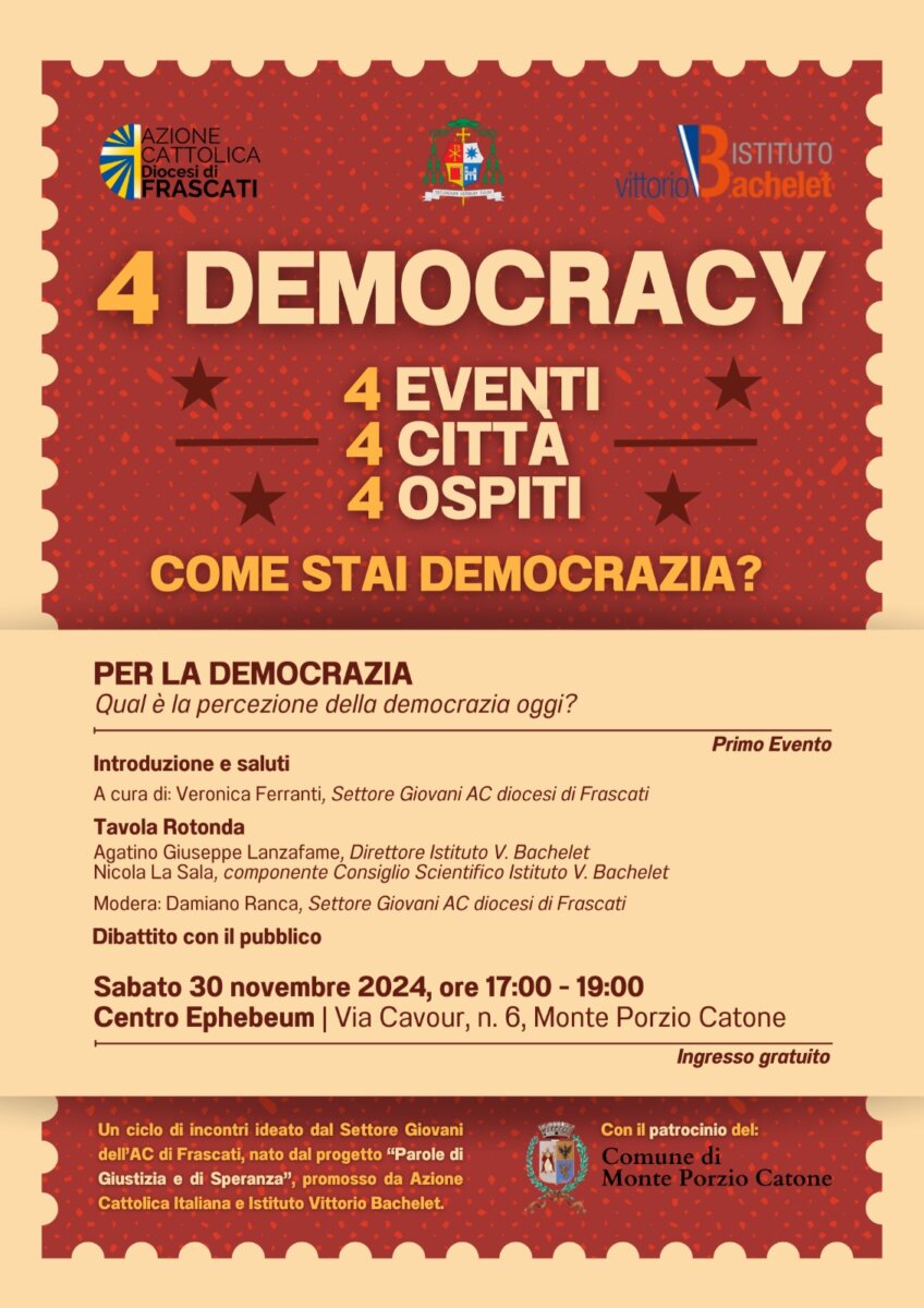 Locandina "4 Democracy", incontro a Monte Porzio Catone organizzato da Azione Cattolica