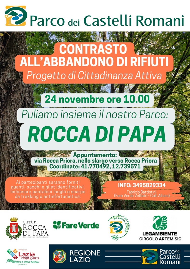 Locandina dell'evento "Puliamo il nostro Parco" a Rocca di Papa.