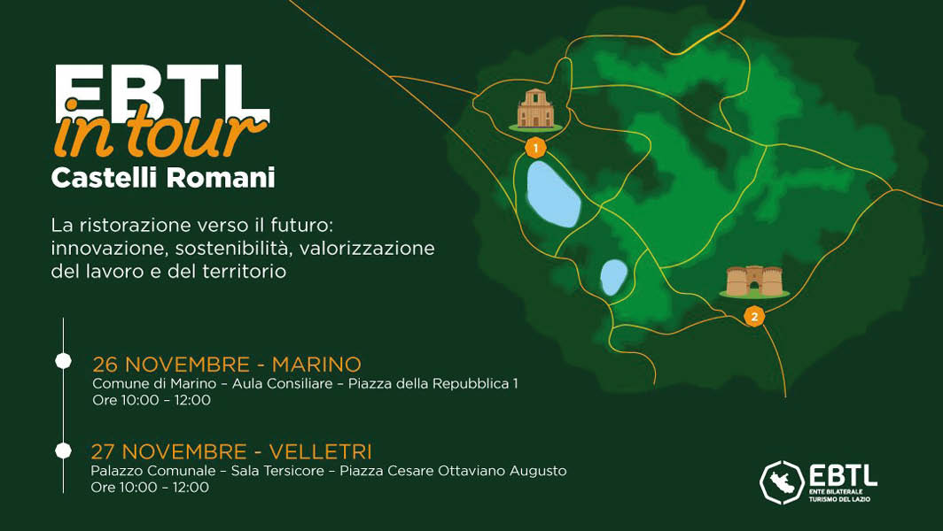 Mappa dei Castelli Romani con percorsi stilizzati e tappe evidenziate per l’evento “EBTL in Tour”, con date e luoghi degli incontri a Marino e Velletri.