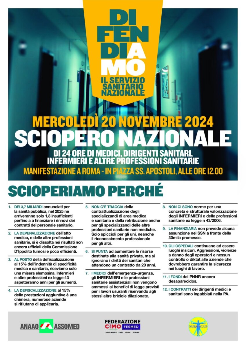 Locandina sciopero nazionale del Servizio Sanitario del 20 novembre 2024, con le motivazioni dello stesso.