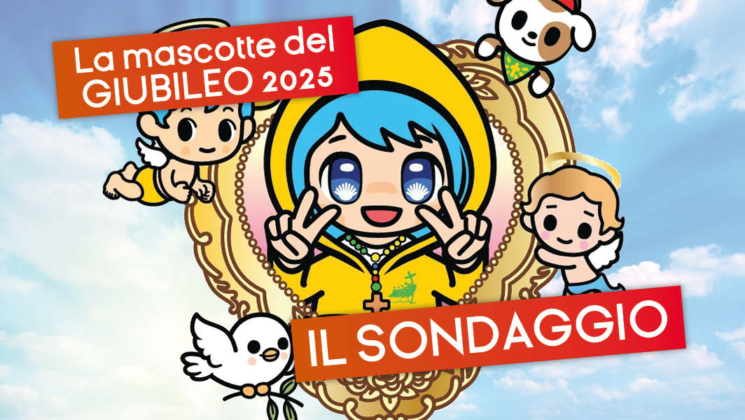 Illustrazione della mascotte Luce del Giubileo 2025 con personaggi in stile manga su sfondo decorato.