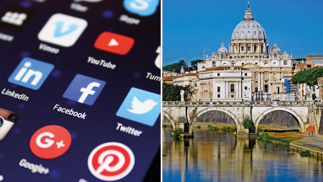 Icone di social media su uno smartphone accanto a un'immagine di San Pietro, simbolo di Roma, a rappresentare il legame tra Velletri, il digital marketing e il Giubileo 2025.