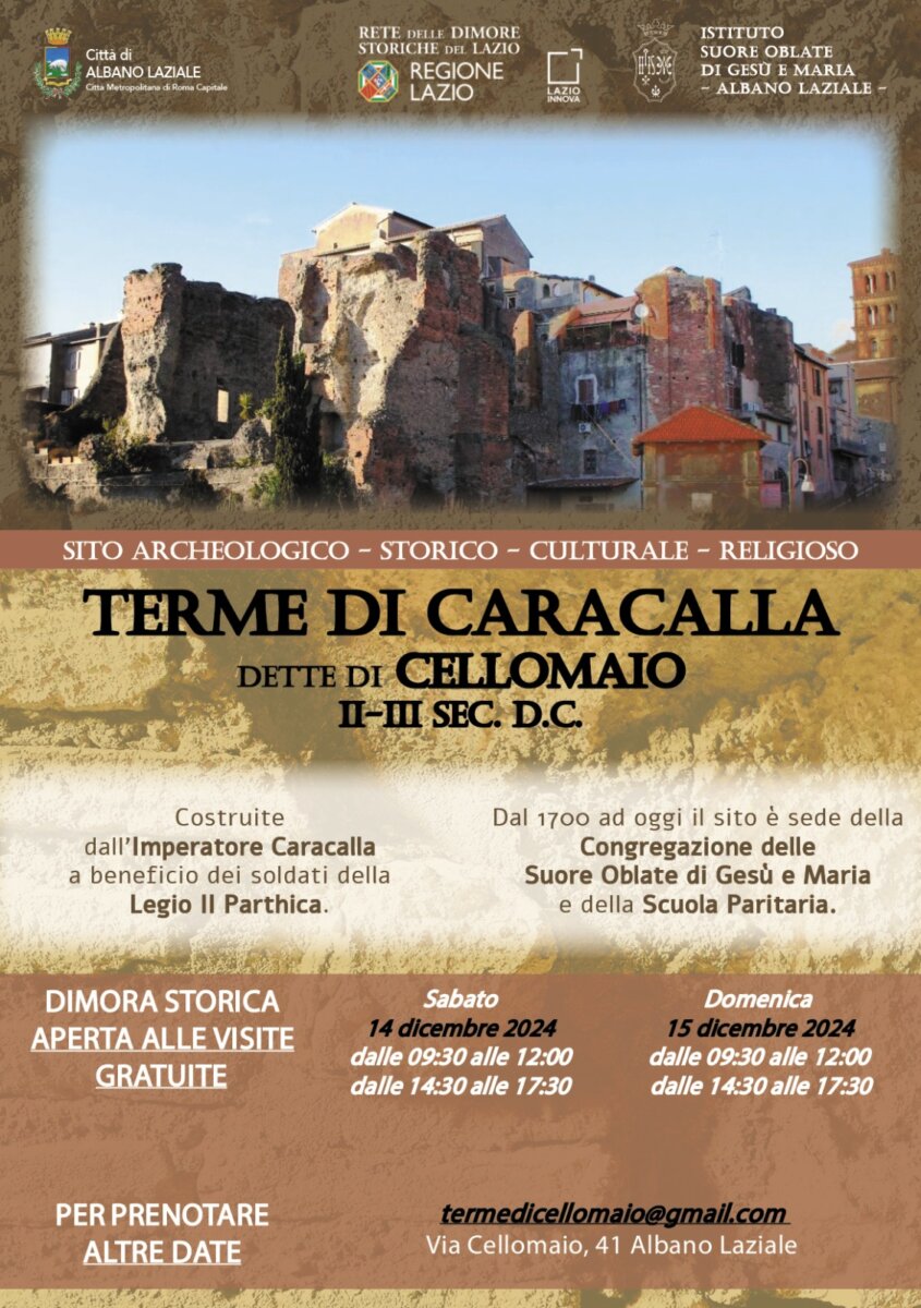 Locandina visite gratuite al sito storico delle Terme di Carcaalla ad Albano Laziale