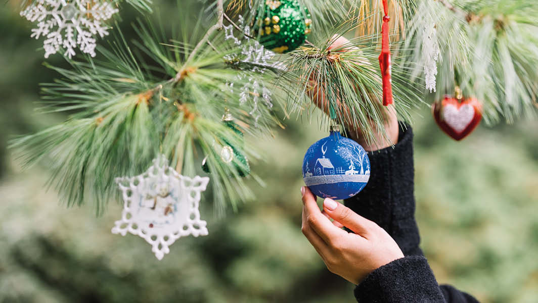 Decorazioni natalizie su un albero, con una mano che appende una pallina personalizzata, simbolo dell’Albero del ricordo a Lanuvio presso il cimitero comunale.