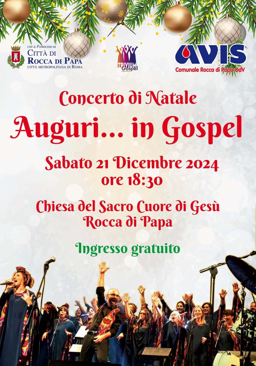 Locandina Concerto di Natale "Auguri... in Gospel" con il coro Trivium Gospel Experience, organizzato dall'AVIS di Rocca di Papa.