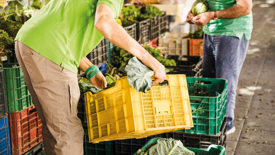 Due operatori di mercato sistemano verdure fresche in cassette di plastica colorate durante il mercato settimanale di Ciampino.