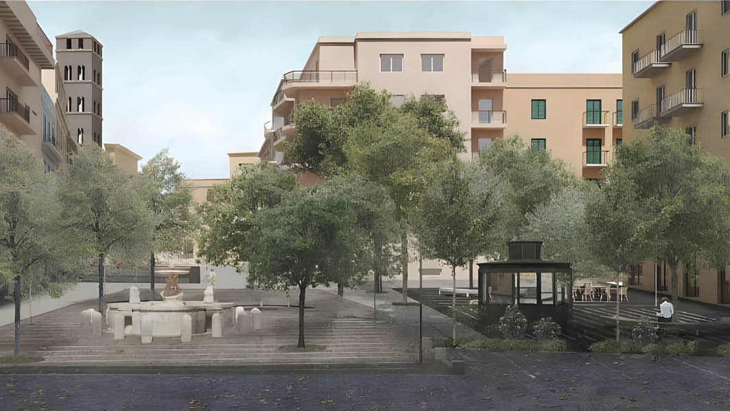 Rendering di Piazza Cairoli a Velletri, con fontana centrale e alberi che creano un'area verde urbana.