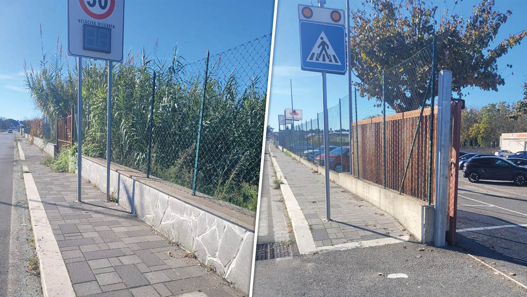 Segnali stradali installati sui marciapiedi di via Vallericcia, Ariccia, che ostacolano il passaggio di disabili e genitori con carrozzine.