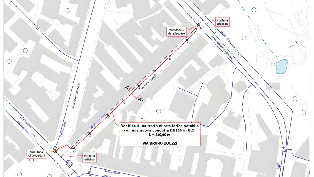 Mappa del tracciato dei lavori per la nuova rete idrica di via Bruno Buozzi a Genzano di Roma, con indicazioni dei punti di intervento e allacciamenti.