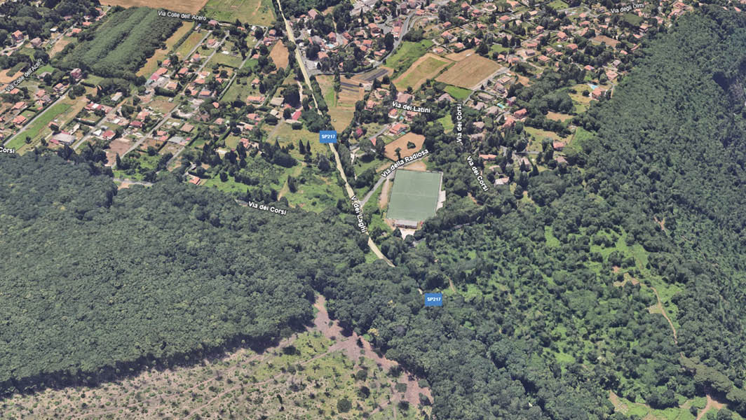 Veduta aerea della zona di via dei Corsi a Nemi, con il bosco circostante del Parco dei Castelli Romani e un'area residenziale limitrofa.