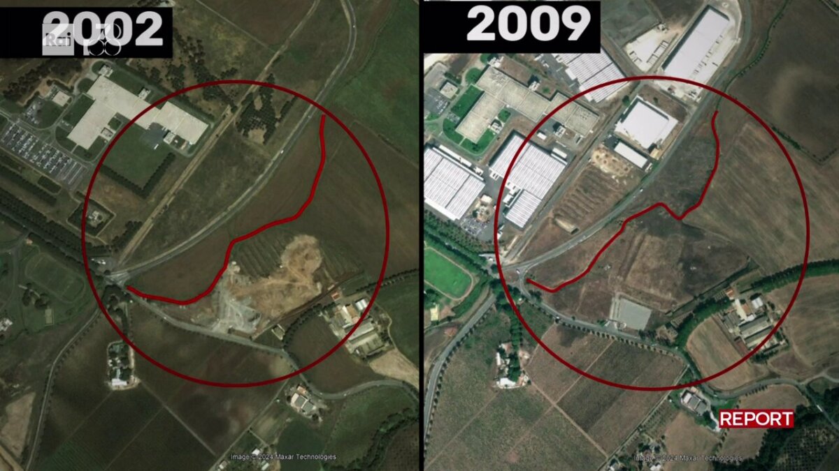 I tracciati del Fosso della Cancelliera nel 2002 e nel 2009, come mostrato da Report.