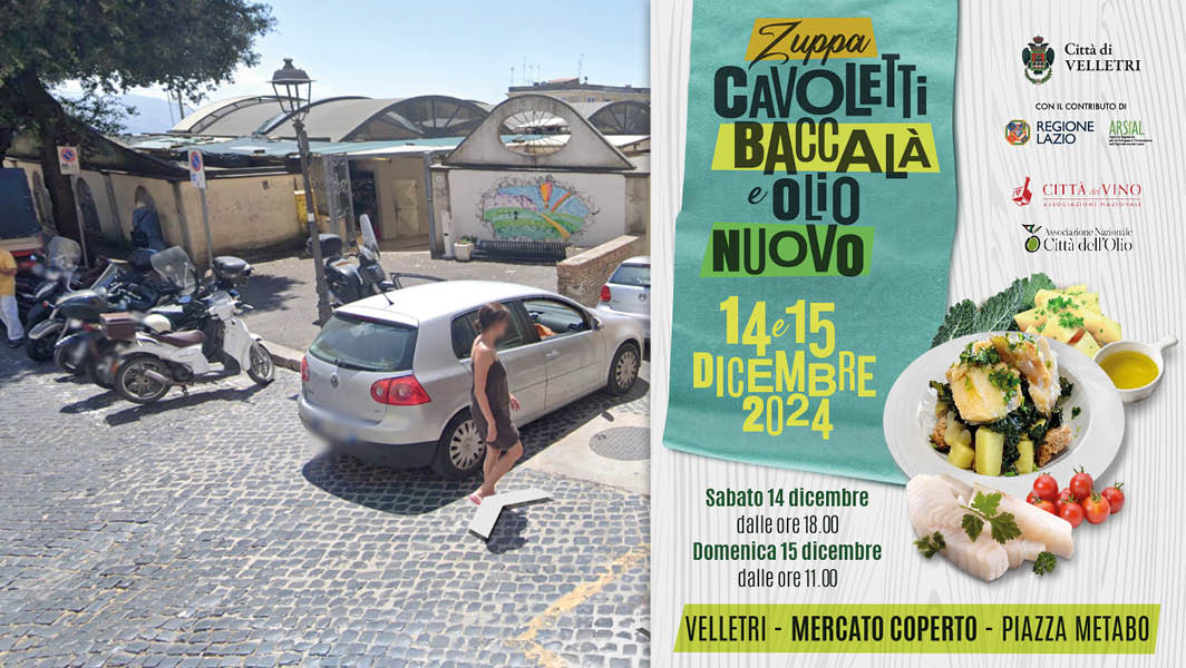 Esterno del mercato coperto di piazza Metabo a Velletri, con locandina della sagra della zuppa di cavoletti, baccalà e olio nuovo.